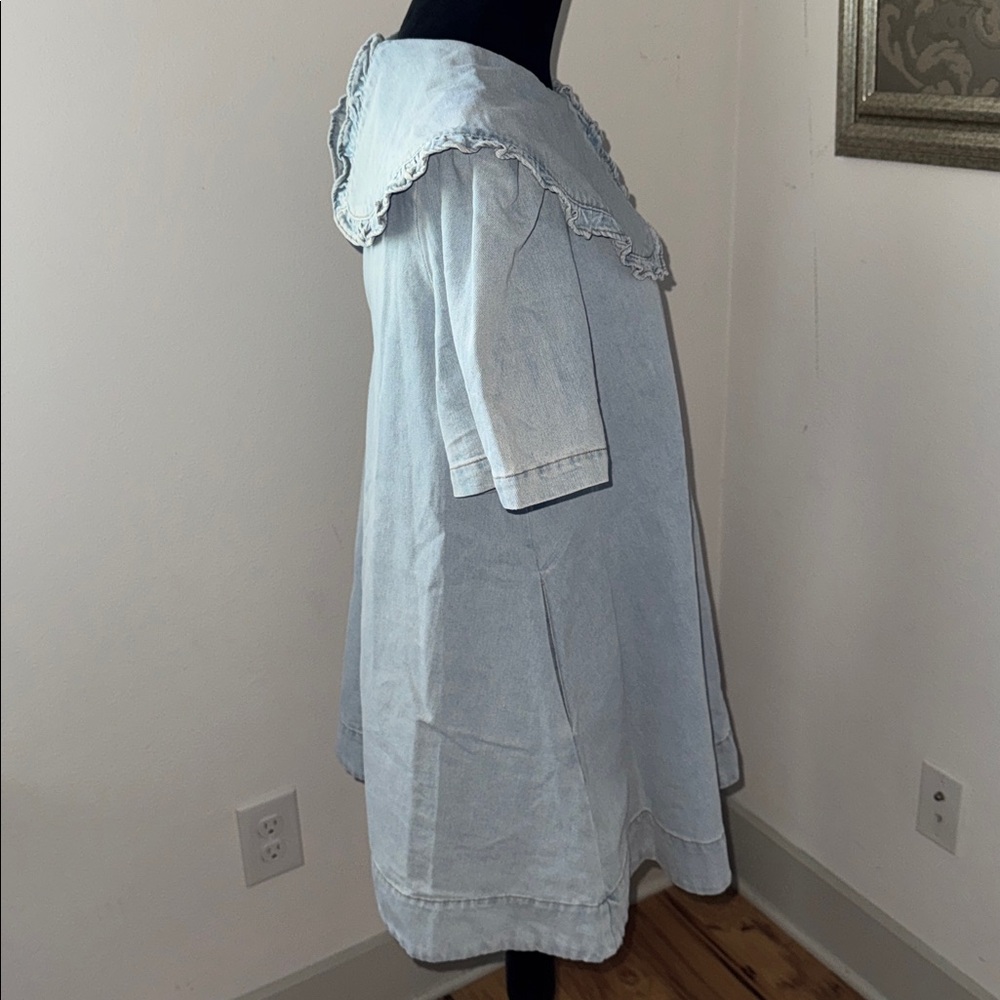 Amable by Mable Peter Pan collared light Wash denim mini dress shirt sleeve Sz S - Picture 9 of 15